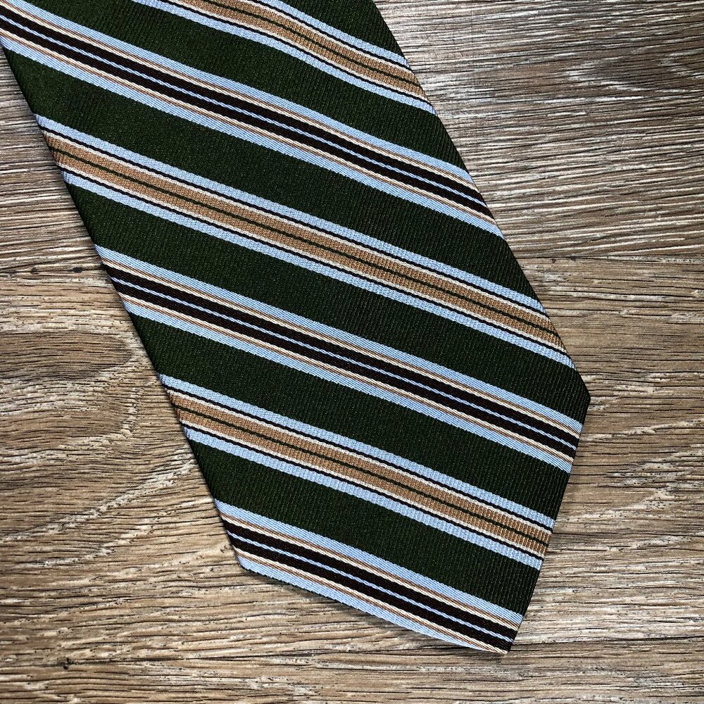 Brooks Brothers Makers Italy Men's Silk Necktie Stripe Forest Green Blue Vintage